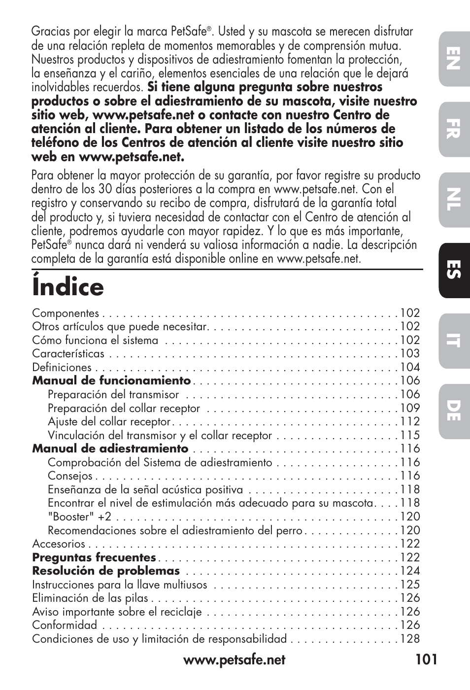 Índice, Fr en es nl it de | Petsafe Big Dog Remote Trainer User Manual | Page 101 / 200