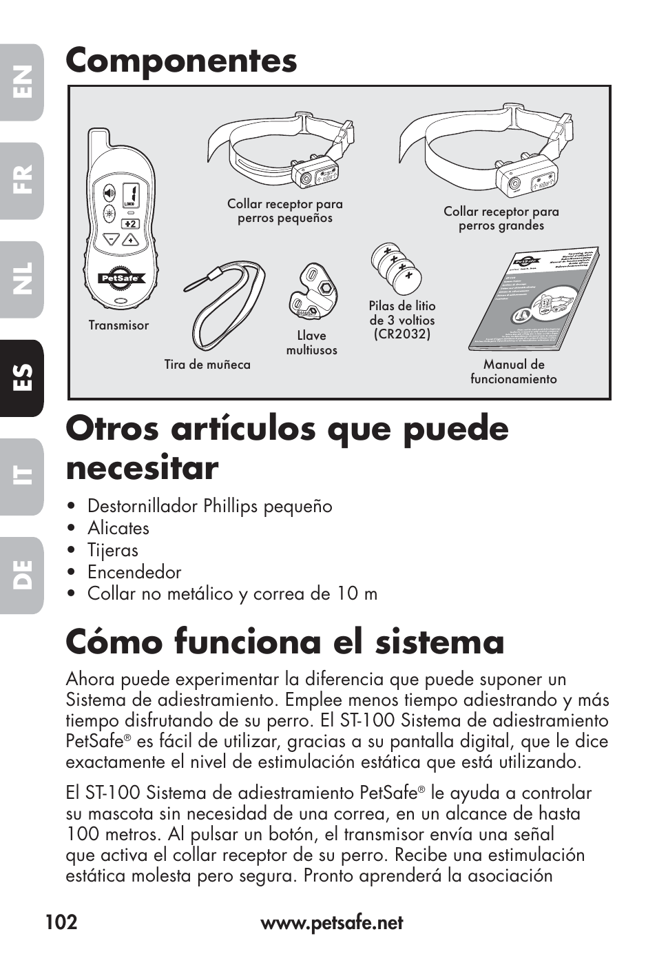 Componentes otros artículos que puede necesitar, Cómo funciona el sistema, Fr en es nl it de | Petsafe Big Dog Remote Trainer User Manual | Page 102 / 200