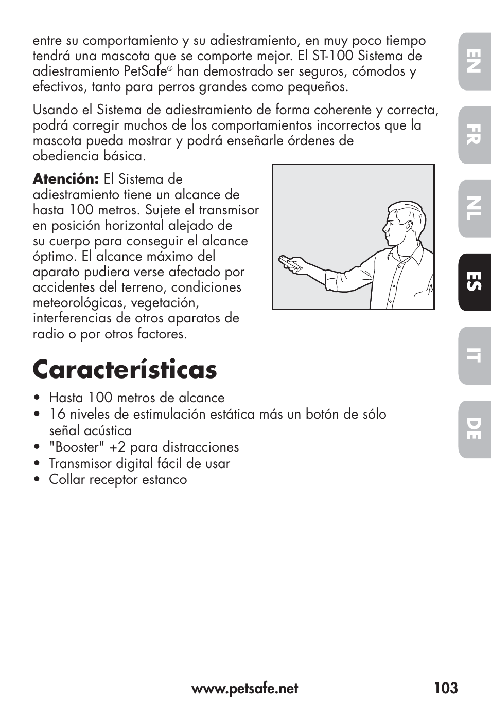 Características, Fr en es nl it de | Petsafe Big Dog Remote Trainer User Manual | Page 103 / 200