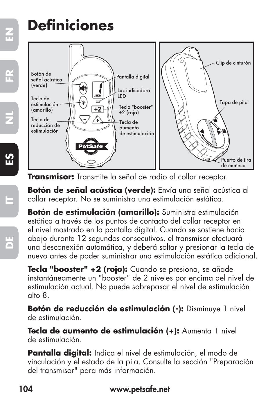 Defi niciones, Fr en es nl it de | Petsafe Big Dog Remote Trainer User Manual | Page 104 / 200