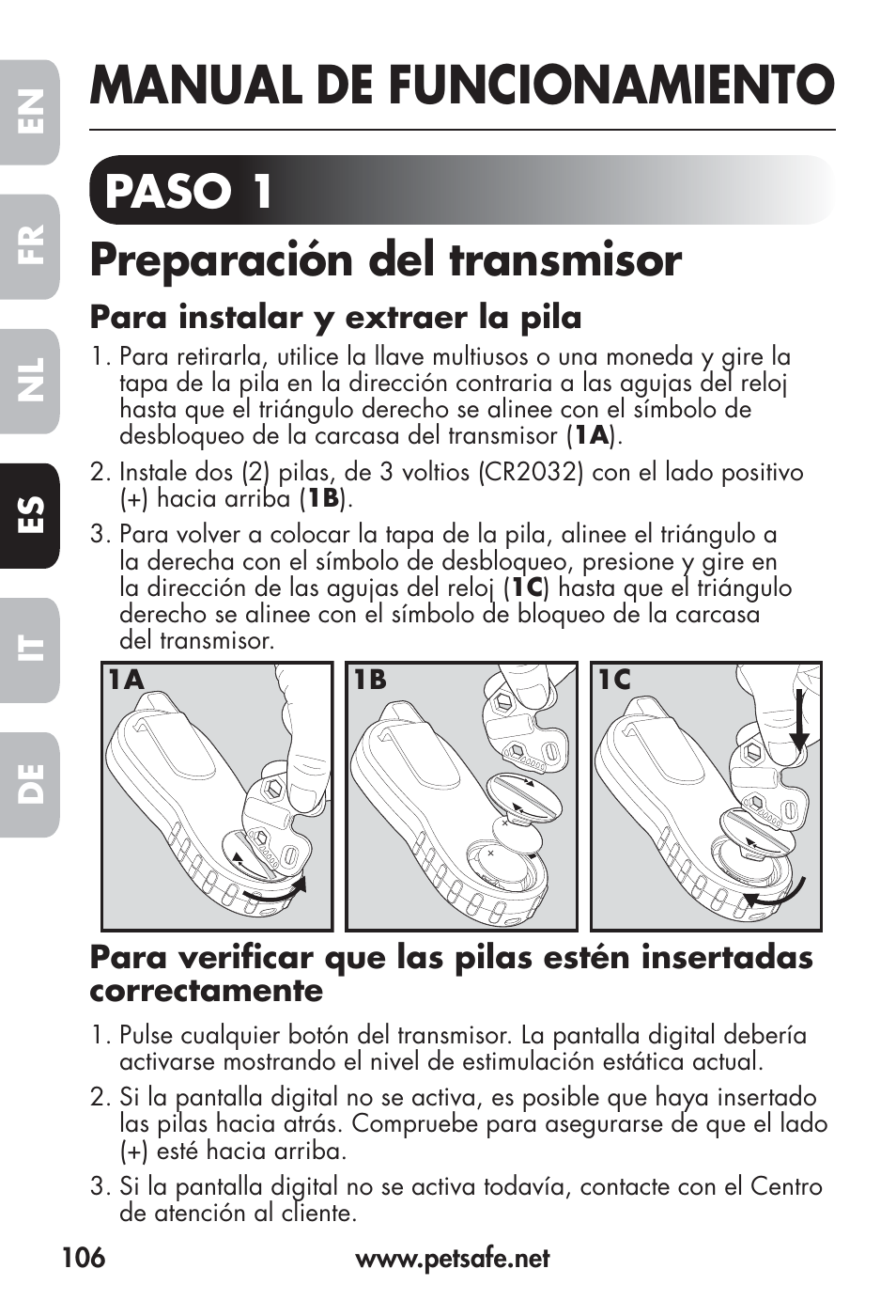 Manual de funcionamiento, Paso 1 preparación del transmisor, Fr en es nl it de | Petsafe Big Dog Remote Trainer User Manual | Page 106 / 200