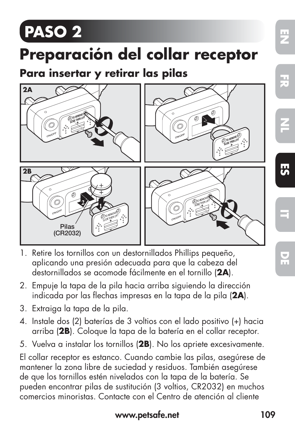 Paso 2 preparación del collar receptor, Fr en es nl it de, Para insertar y retirar las pilas | Petsafe Big Dog Remote Trainer User Manual | Page 109 / 200