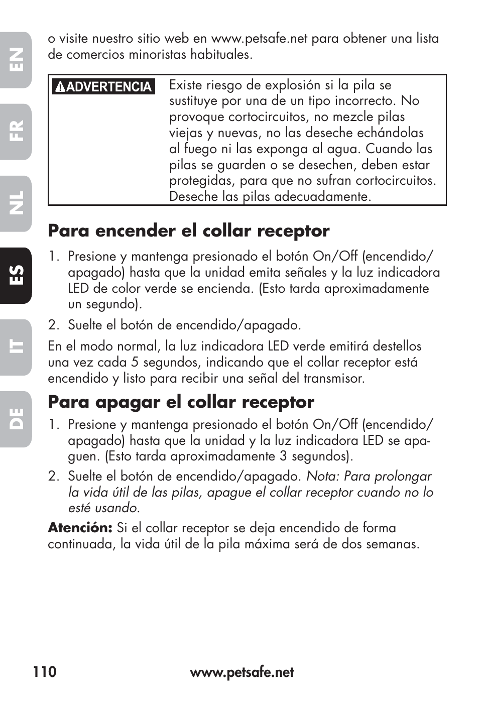 Fr en es nl it de | Petsafe Big Dog Remote Trainer User Manual | Page 110 / 200