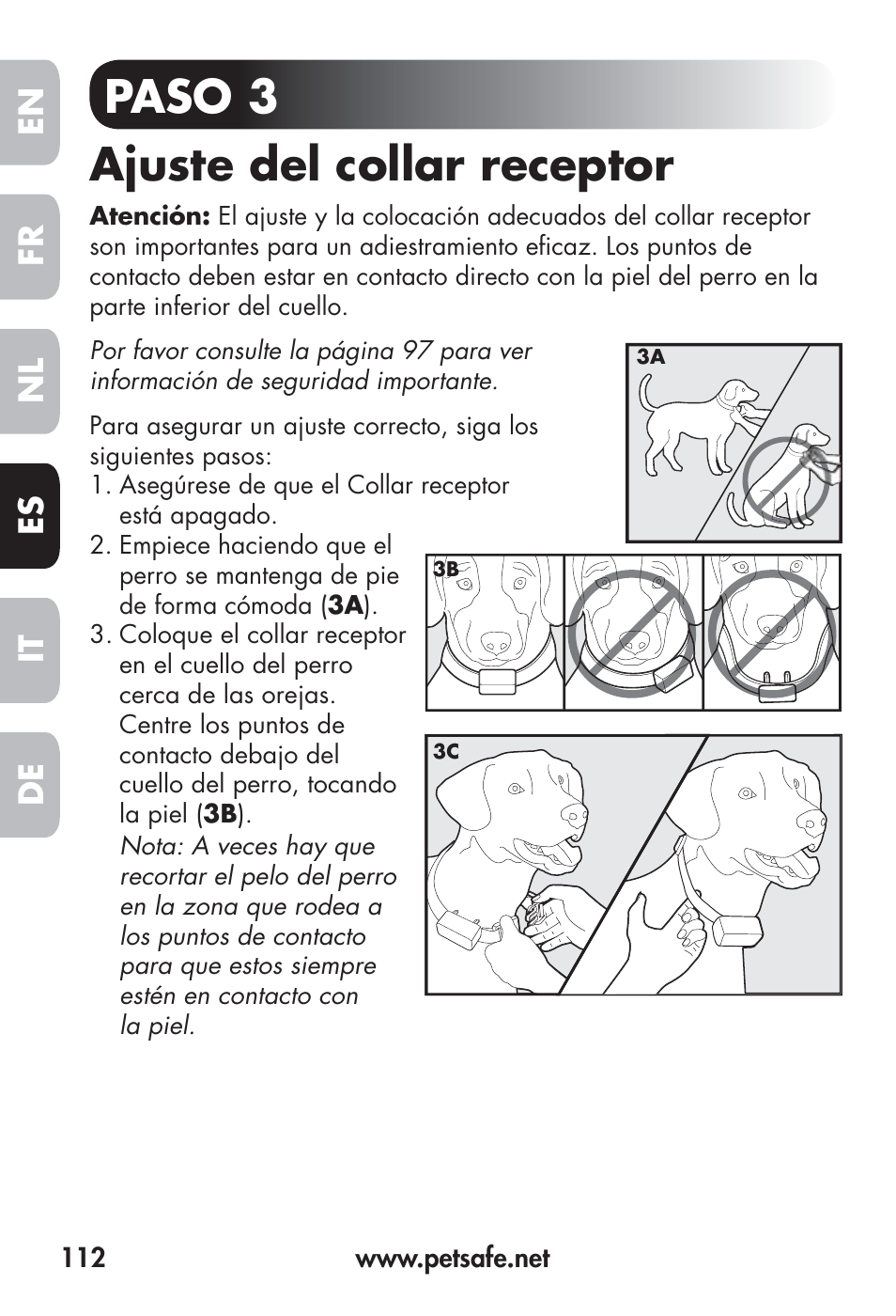 Paso 3 ajuste del collar receptor, Fr en es nl it de | Petsafe Big Dog Remote Trainer User Manual | Page 112 / 200