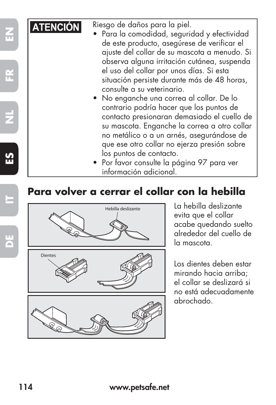 Fr en es nl it de, Para volver a cerrar el collar con la hebilla | Petsafe Big Dog Remote Trainer User Manual | Page 114 / 200