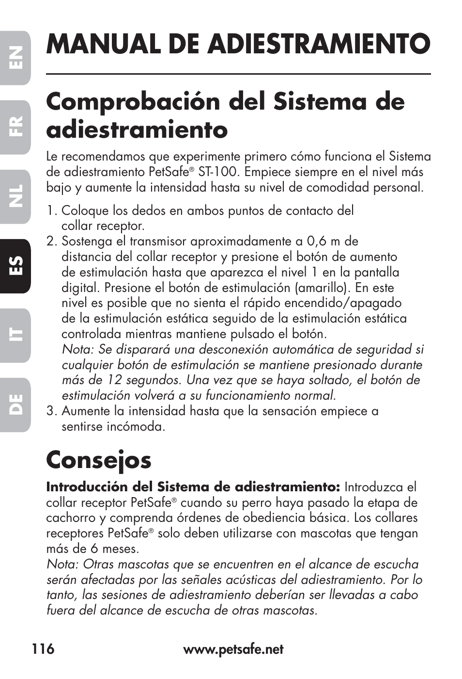 Manual de adiestramiento, Comprobación del sistema de adiestramiento, Consejos | Fr en es nl it de | Petsafe Big Dog Remote Trainer User Manual | Page 116 / 200