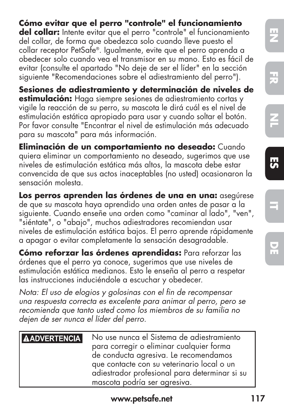 Fr en es nl it de | Petsafe Big Dog Remote Trainer User Manual | Page 117 / 200