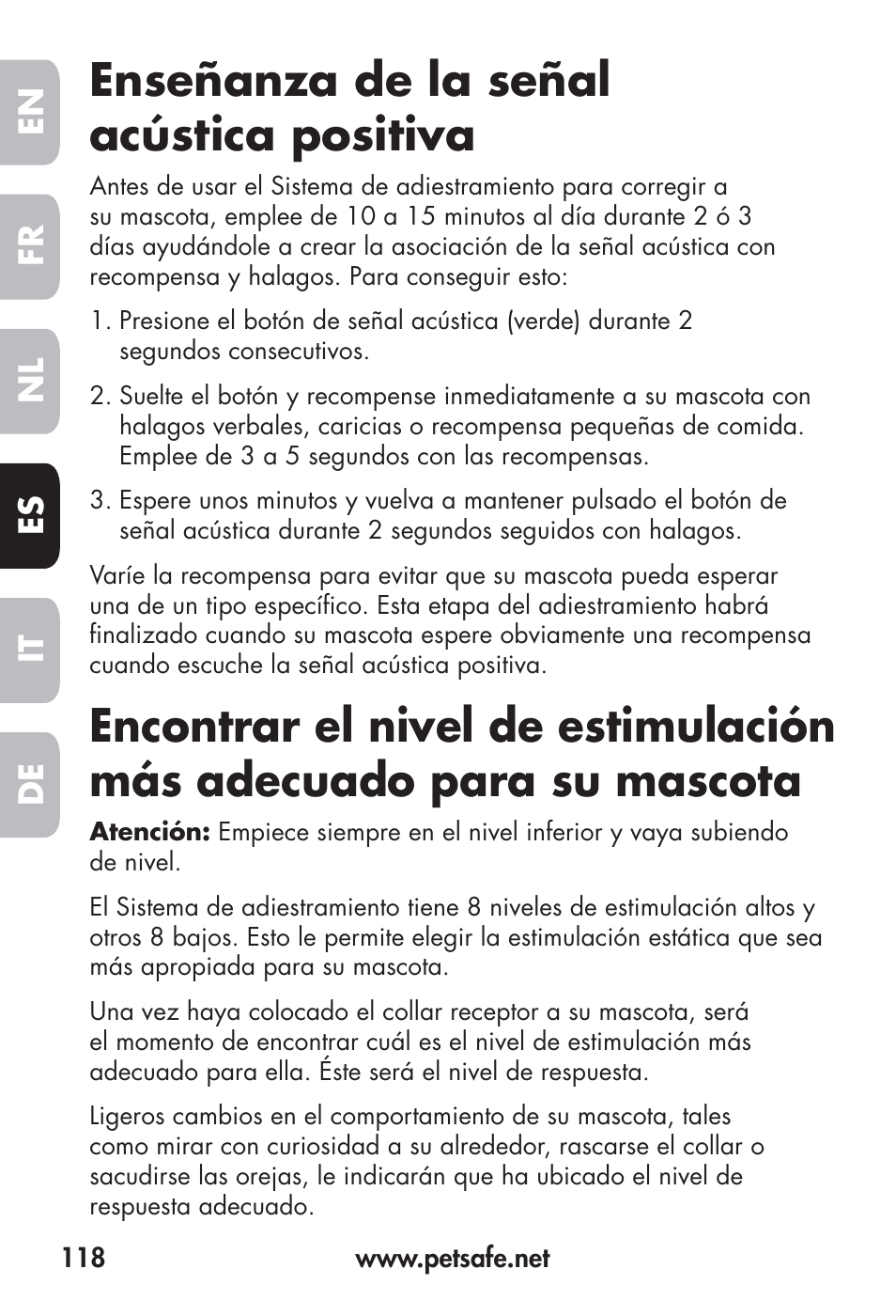 Enseñanza de la señal acústica positiva, Fr en es nl it de | Petsafe Big Dog Remote Trainer User Manual | Page 118 / 200