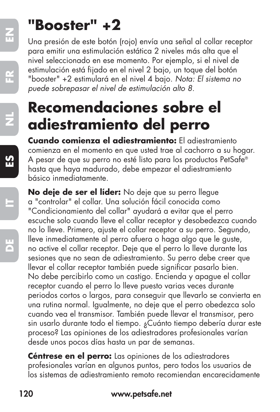 Booster" +2, Recomendaciones sobre el adiestramiento del perro, Fr en es nl it de | Petsafe Big Dog Remote Trainer User Manual | Page 120 / 200