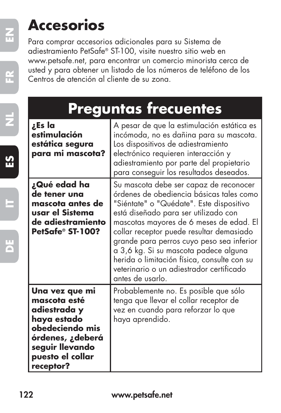 Accesorios, Preguntas frecuentes, Fr en es nl it de | Petsafe Big Dog Remote Trainer User Manual | Page 122 / 200