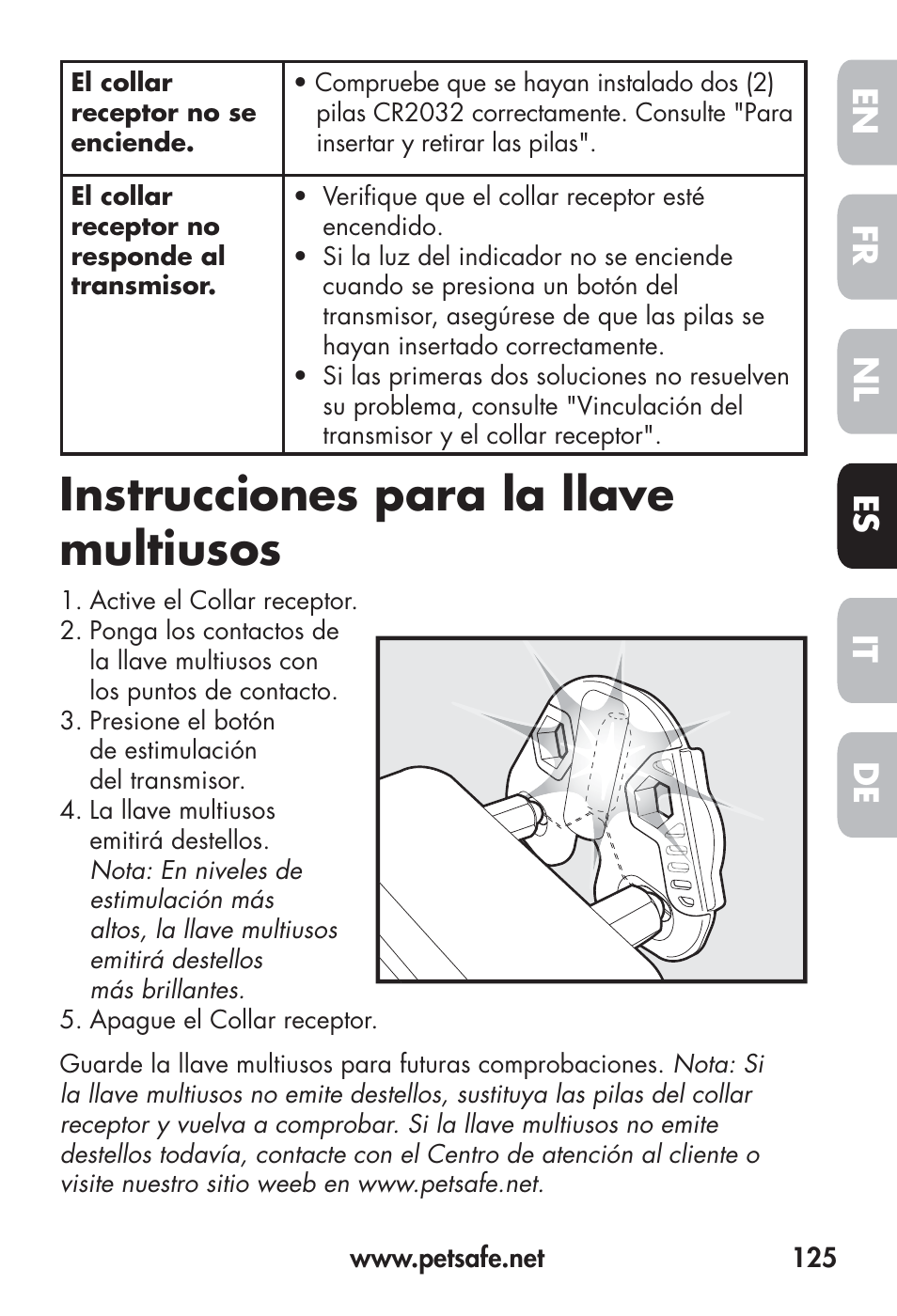 Instrucciones para la llave multiusos, Fr en es nl it de | Petsafe Big Dog Remote Trainer User Manual | Page 125 / 200