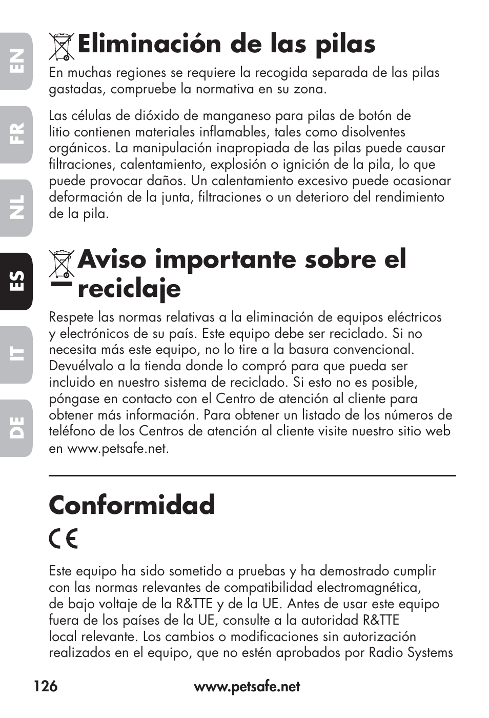 Eliminación de las pilas, Aviso importante sobre el reciclaje, Conformidad | Petsafe Big Dog Remote Trainer User Manual | Page 126 / 200