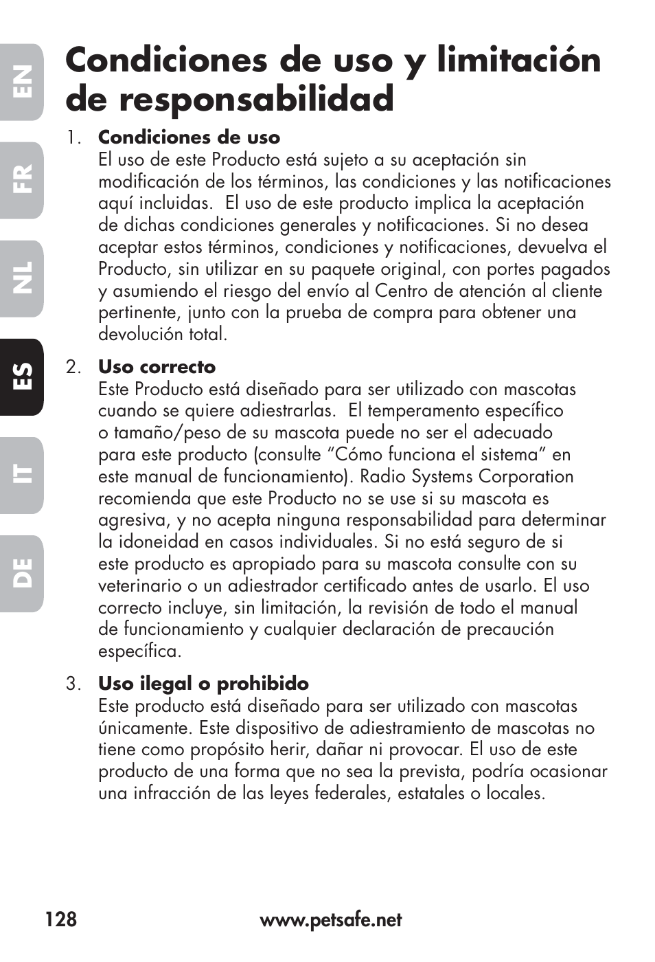 Condiciones de uso y limitación de responsabilidad, Fr en es nl it de | Petsafe Big Dog Remote Trainer User Manual | Page 128 / 200