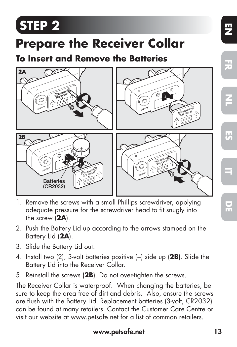 Step 2 prepare the receiver collar, Fr en es nl it de | Petsafe Big Dog Remote Trainer User Manual | Page 13 / 200