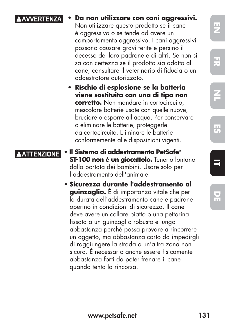 Fr en es nl it de | Petsafe Big Dog Remote Trainer User Manual | Page 131 / 200