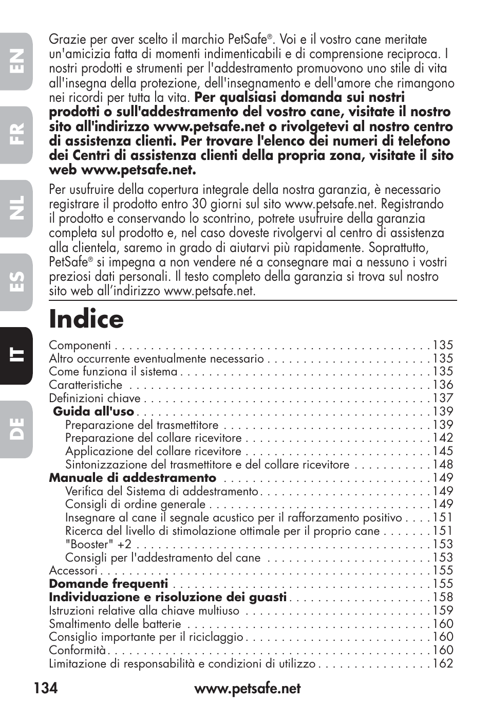 Indice, Fr en es nl it de | Petsafe Big Dog Remote Trainer User Manual | Page 134 / 200