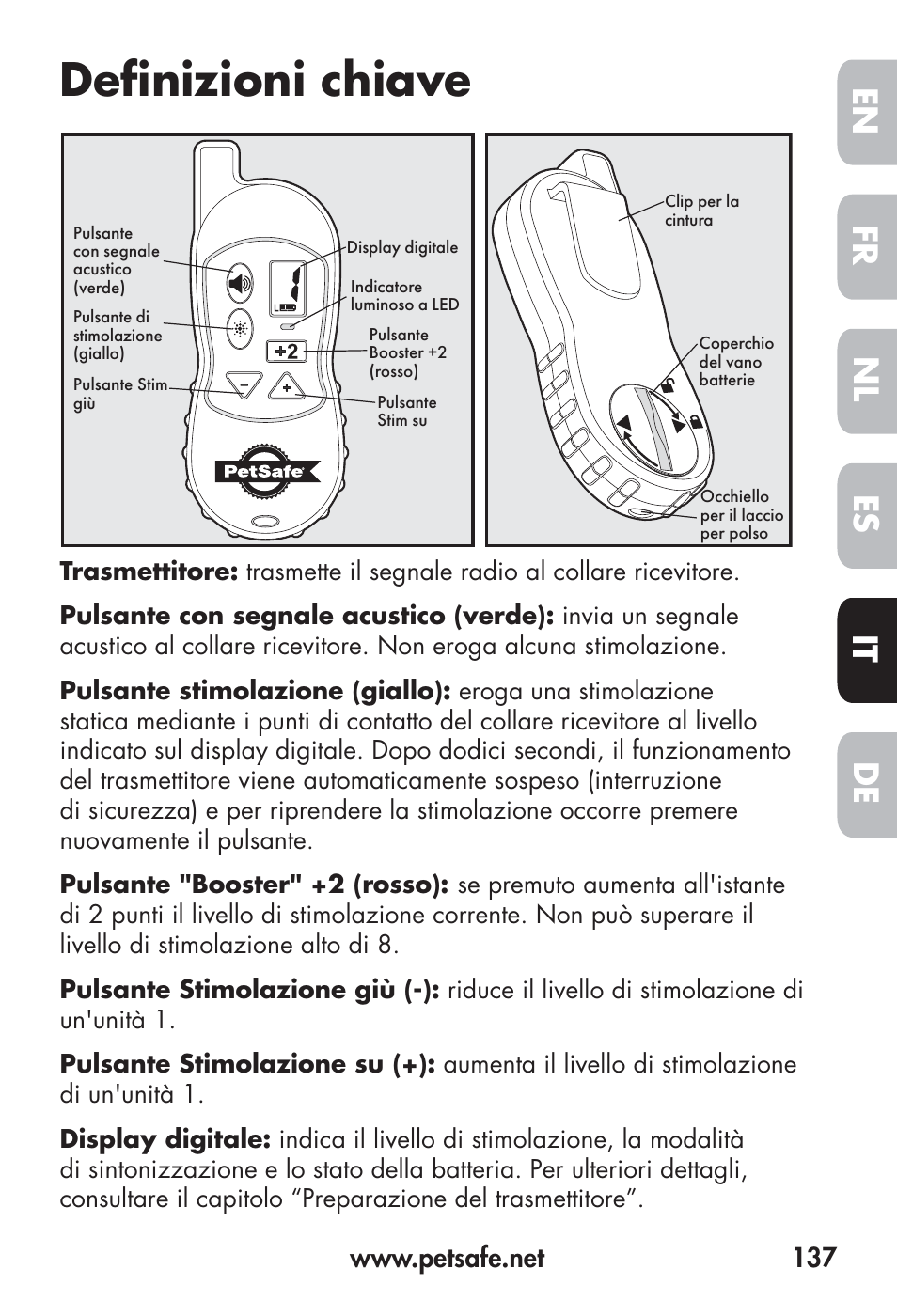 Defi nizioni chiave, Fr en es nl it de | Petsafe Big Dog Remote Trainer User Manual | Page 137 / 200