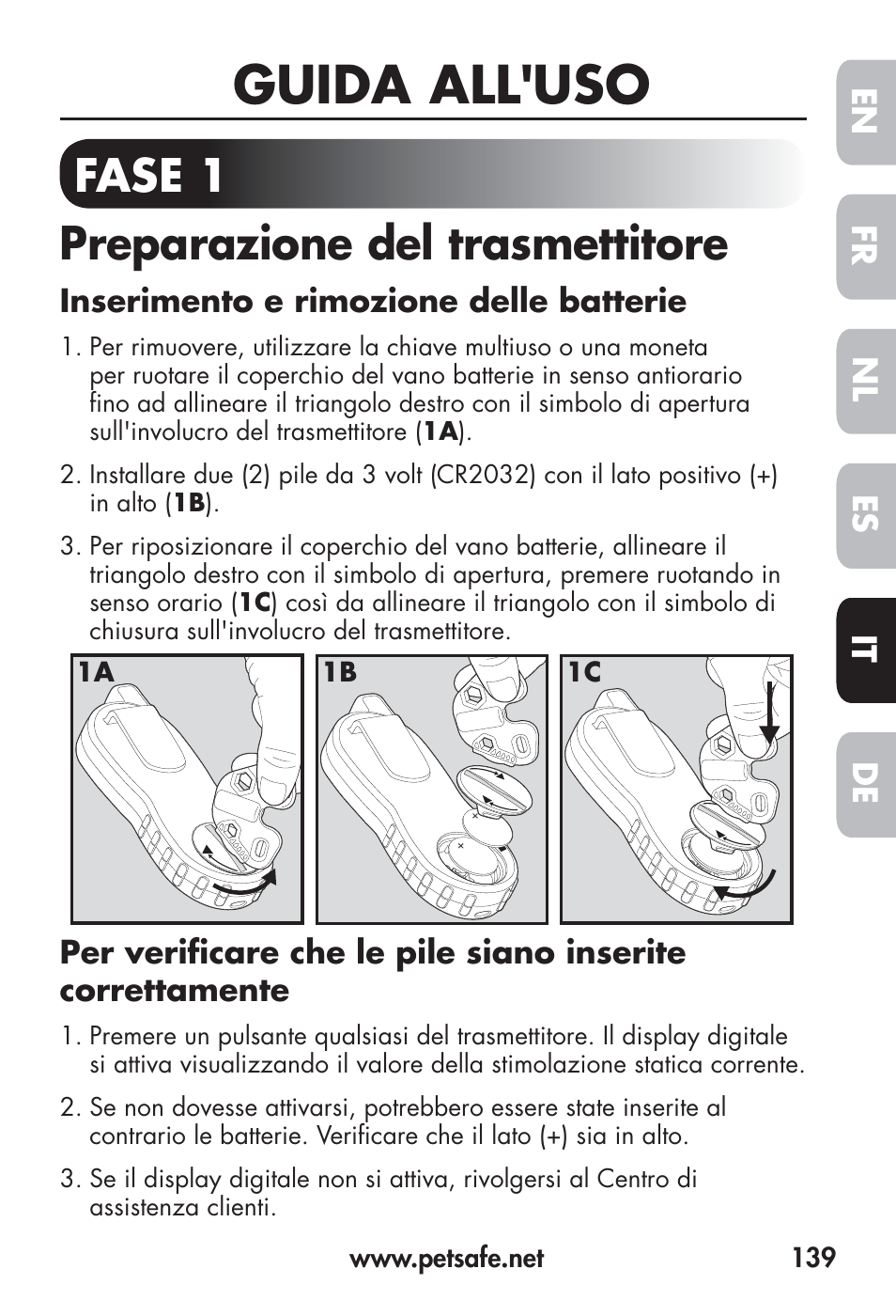 Guida all'uso, Fase 1 preparazione del trasmettitore | Petsafe Big Dog Remote Trainer User Manual | Page 139 / 200