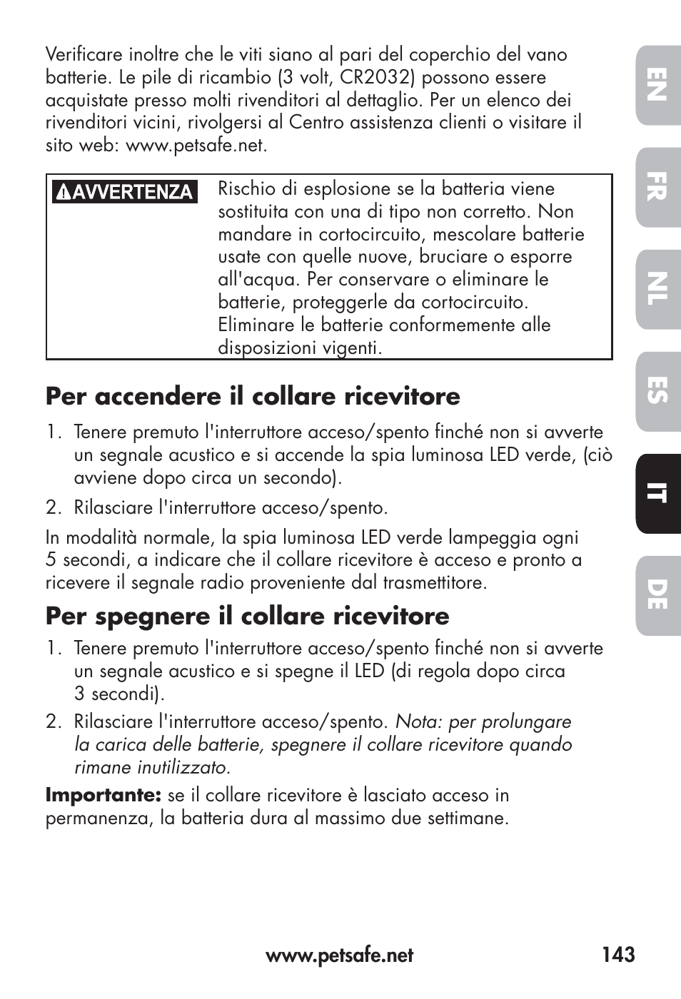 Fr en es nl it de | Petsafe Big Dog Remote Trainer User Manual | Page 143 / 200