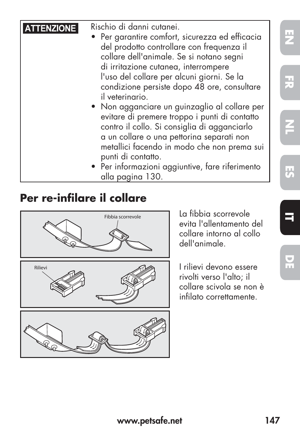 Fr en es nl it de, Per re-infi lare il collare | Petsafe Big Dog Remote Trainer User Manual | Page 147 / 200