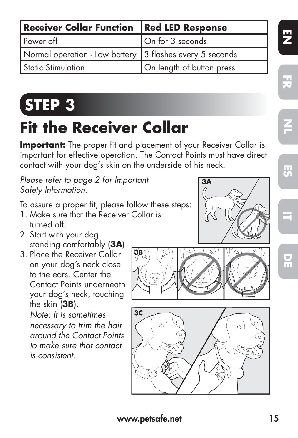 Step 3 fit the receiver collar, Fr en es nl it de | Petsafe Big Dog Remote Trainer User Manual | Page 15 / 200