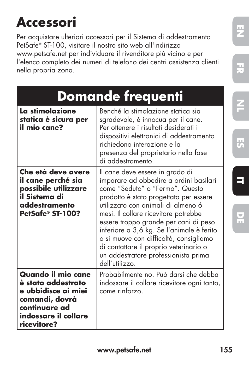 Accessori, Domande frequenti, Fr en es nl it de | Petsafe Big Dog Remote Trainer User Manual | Page 155 / 200