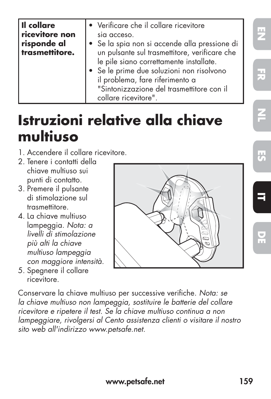 Istruzioni relative alla chiave multiuso, Fr en es nl it de | Petsafe Big Dog Remote Trainer User Manual | Page 159 / 200