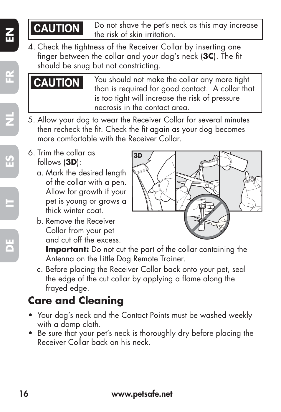Fr en es nl it de, Care and cleaning | Petsafe Big Dog Remote Trainer User Manual | Page 16 / 200