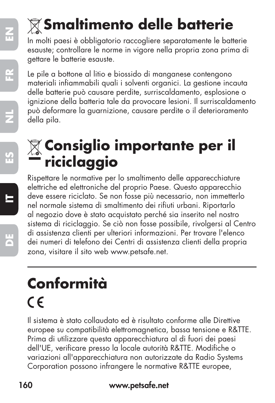 Smaltimento delle batterie, Consiglio importante per il riciclaggio, Conformità | Petsafe Big Dog Remote Trainer User Manual | Page 160 / 200