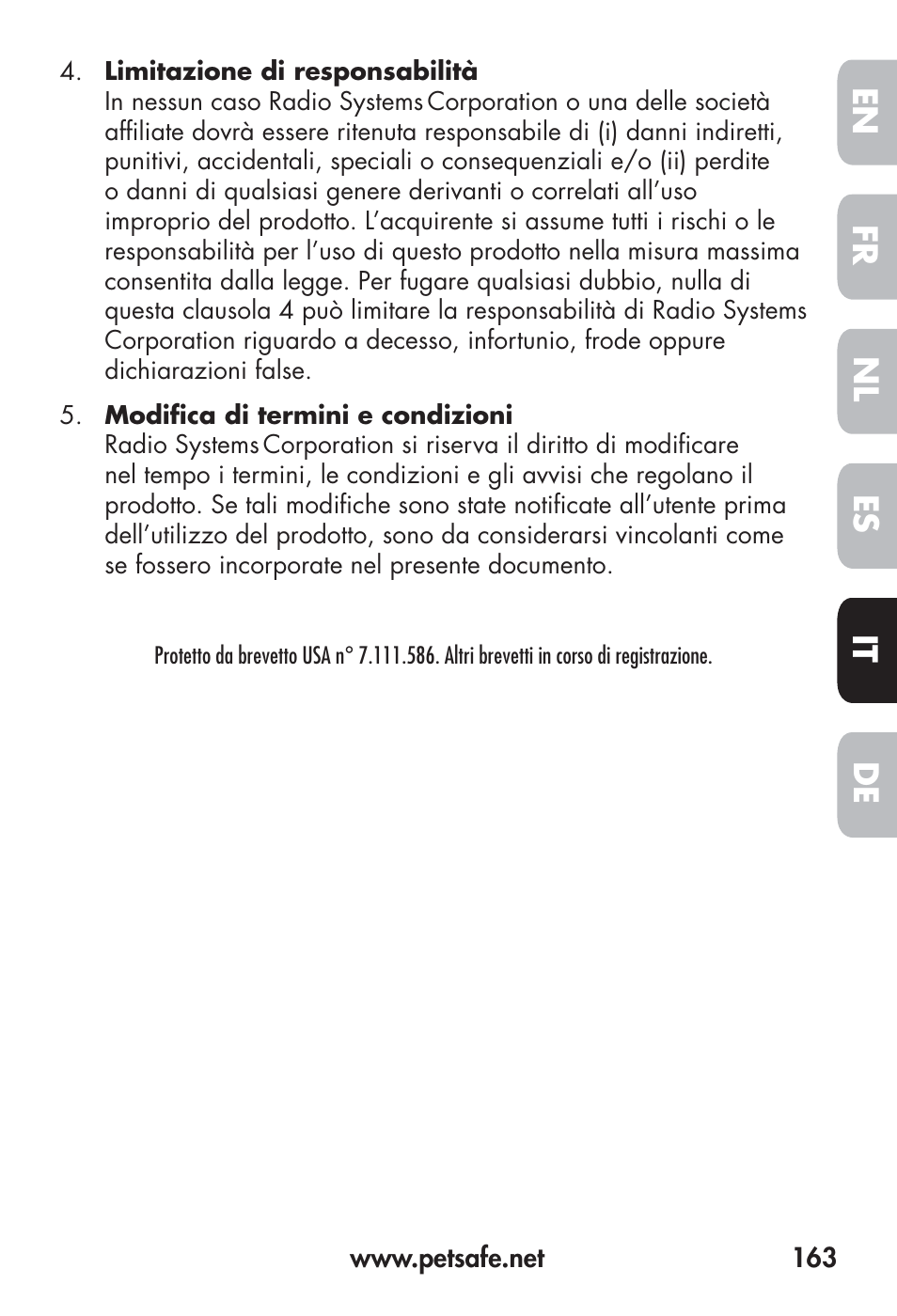 Fr en es nl it de | Petsafe Big Dog Remote Trainer User Manual | Page 163 / 200