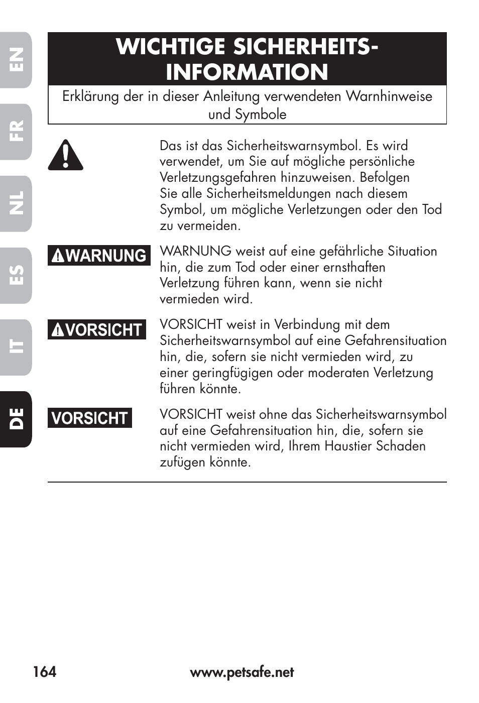 Wichtige sicherheits- information | Petsafe Big Dog Remote Trainer User Manual | Page 164 / 200