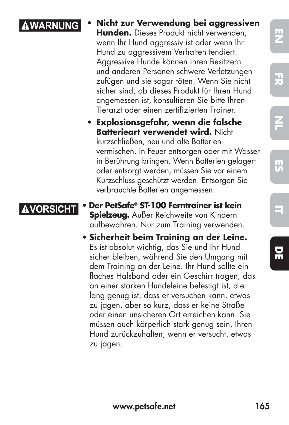 Fr en es nl it de | Petsafe Big Dog Remote Trainer User Manual | Page 165 / 200