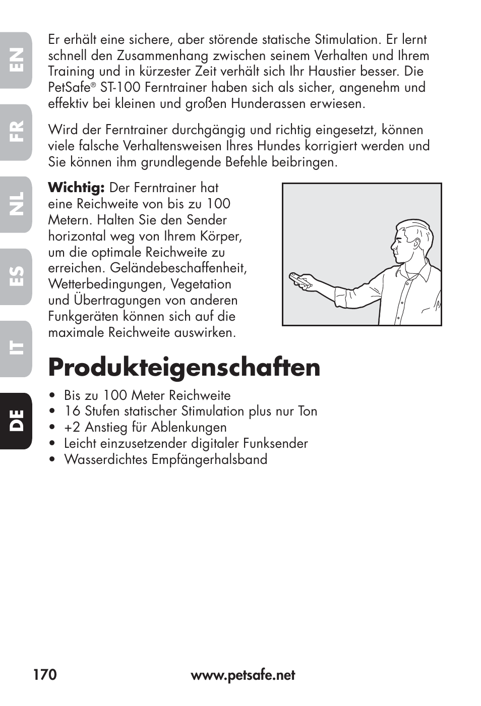Produkteigenschaften, Fr en es nl it de | Petsafe Big Dog Remote Trainer User Manual | Page 170 / 200