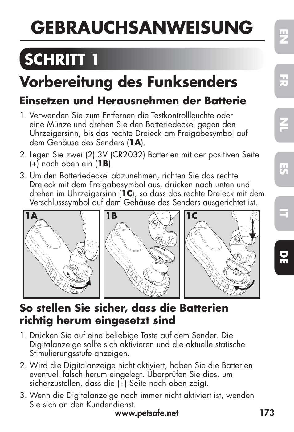 Gebrauchsanweisung, Schritt 1 vorbereitung des funksenders | Petsafe Big Dog Remote Trainer User Manual | Page 173 / 200