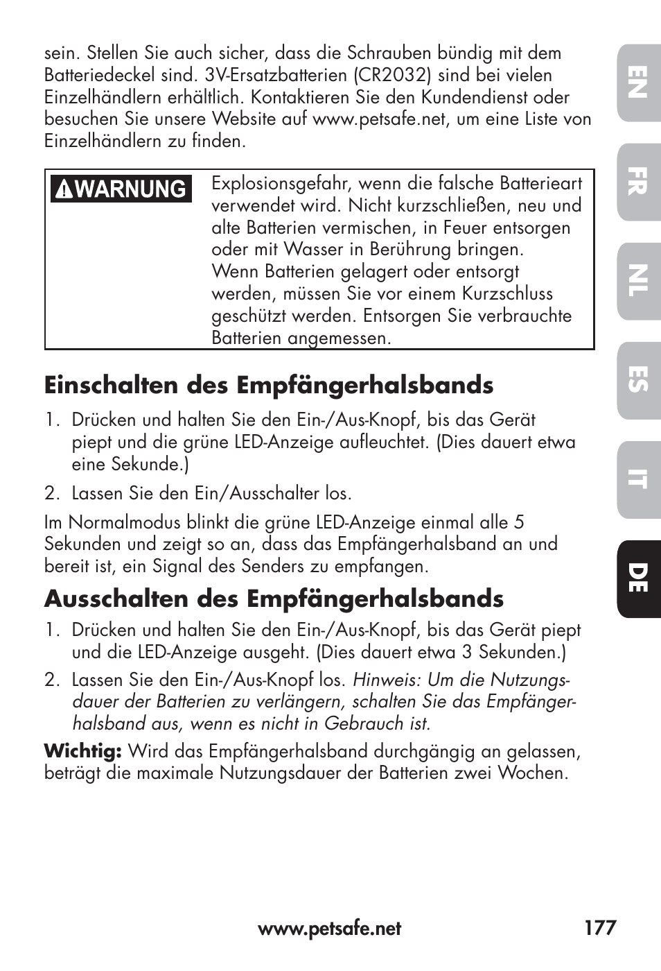 Fr en es nl it de | Petsafe Big Dog Remote Trainer User Manual | Page 177 / 200