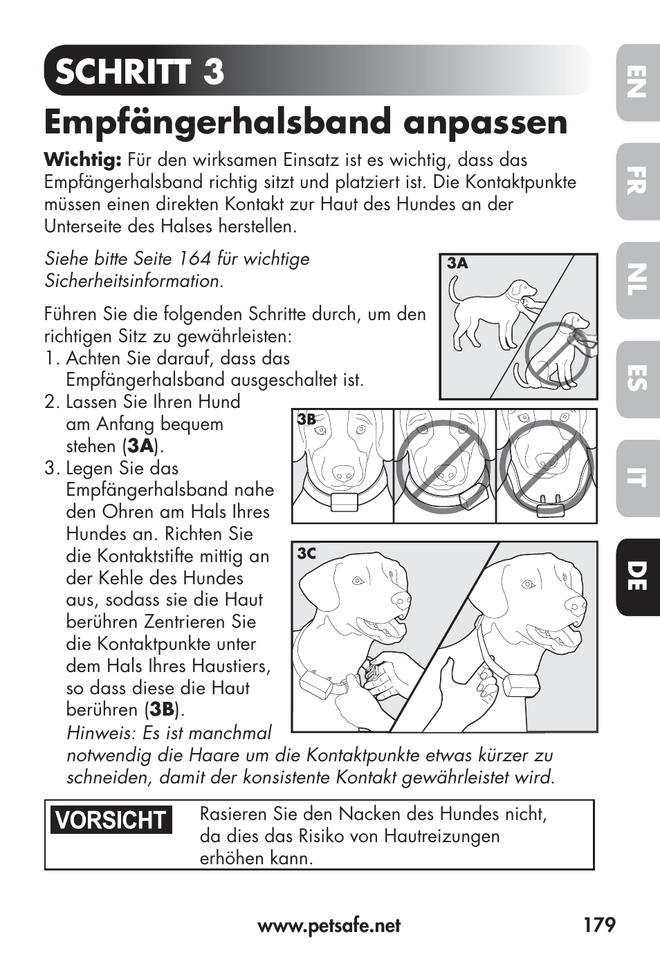 Schritt 3 empfängerhalsband anpassen, Fr en es nl it de | Petsafe Big Dog Remote Trainer User Manual | Page 179 / 200