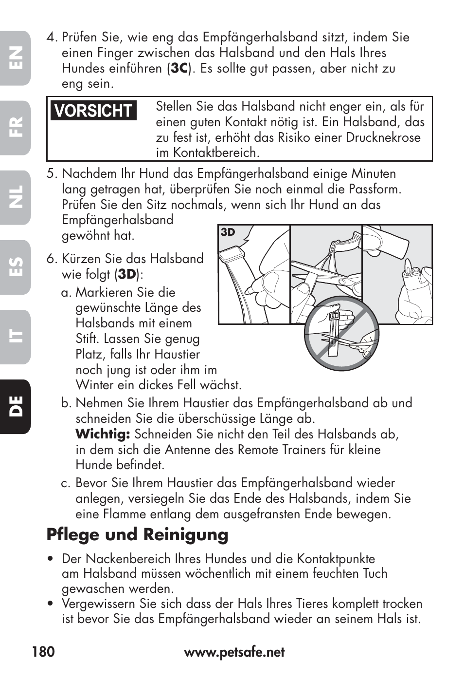 Fr en es nl it de, Pfl ege und reinigung | Petsafe Big Dog Remote Trainer User Manual | Page 180 / 200