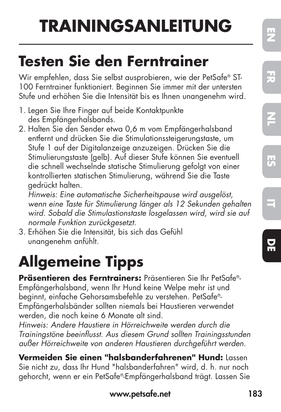 Trainingsanleitung, Testen sie den ferntrainer, Allgemeine tipps | Fr en es nl it de | Petsafe Big Dog Remote Trainer User Manual | Page 183 / 200