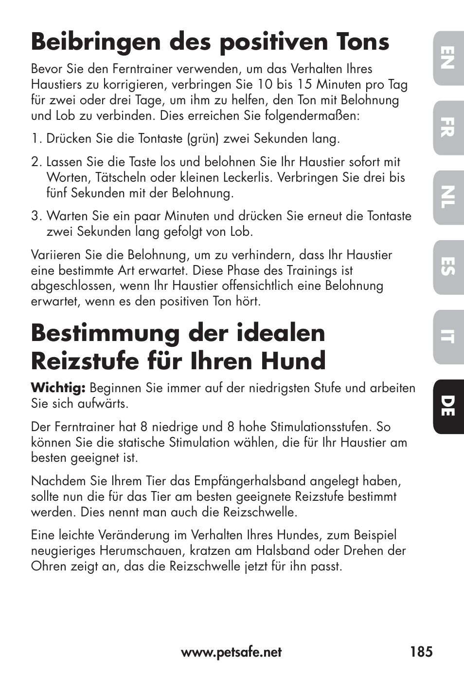 Beibringen des positiven tons, Bestimmung der idealen reizstufe für ihren hund, Fr en es nl it de | Petsafe Big Dog Remote Trainer User Manual | Page 185 / 200