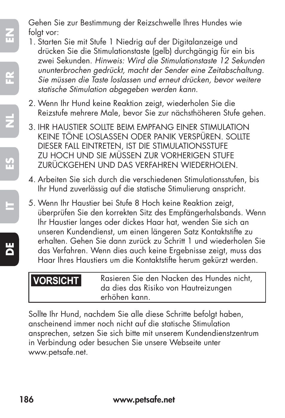 Fr en es nl it de | Petsafe Big Dog Remote Trainer User Manual | Page 186 / 200