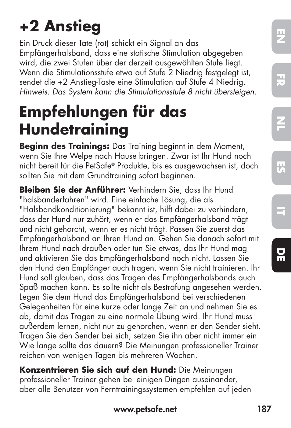 2 anstieg, Empfehlungen für das hundetraining, Fr en es nl it de | Petsafe Big Dog Remote Trainer User Manual | Page 187 / 200