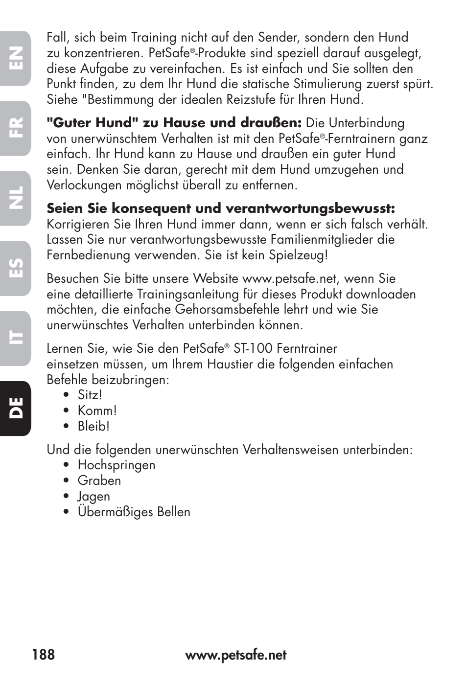 Fr en es nl it de | Petsafe Big Dog Remote Trainer User Manual | Page 188 / 200