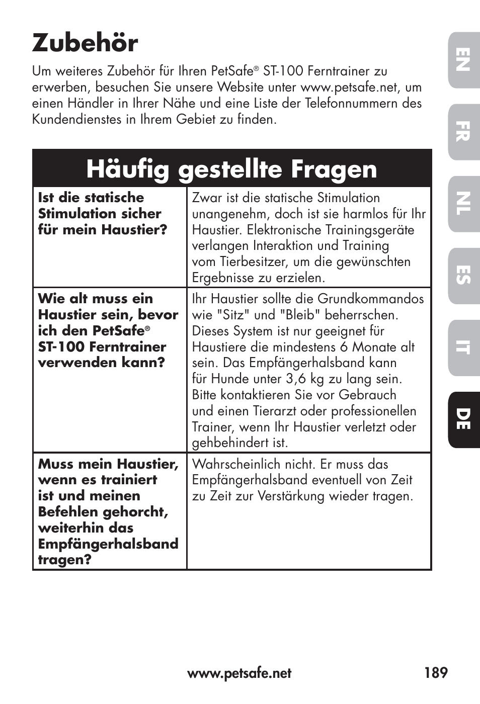 Zubehör, Häufi g gestellte fragen, Fr en es nl it de | Petsafe Big Dog Remote Trainer User Manual | Page 189 / 200
