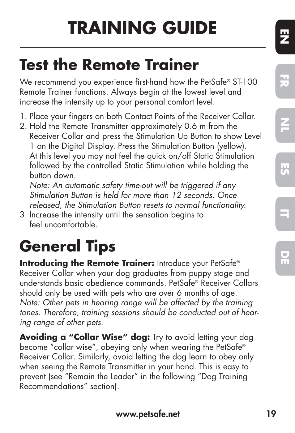Training guide, Test the remote trainer, General tips | Fr en es nl it de | Petsafe Big Dog Remote Trainer User Manual | Page 19 / 200