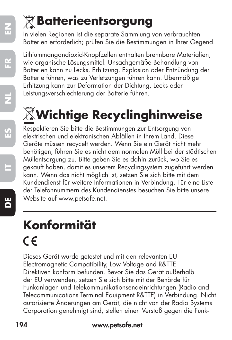 Batterieentsorgung, Wichtige recyclinghinweise, Konformität | Petsafe Big Dog Remote Trainer User Manual | Page 194 / 200