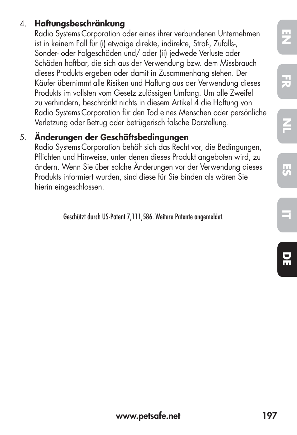 Fr en es nl it de | Petsafe Big Dog Remote Trainer User Manual | Page 197 / 200