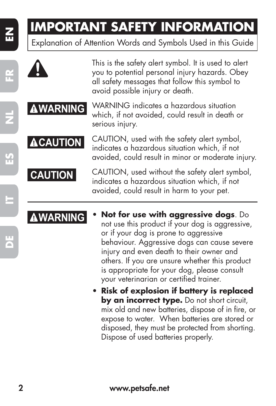 Important safety information, Fr en es nl it de | Petsafe Big Dog Remote Trainer User Manual | Page 2 / 200