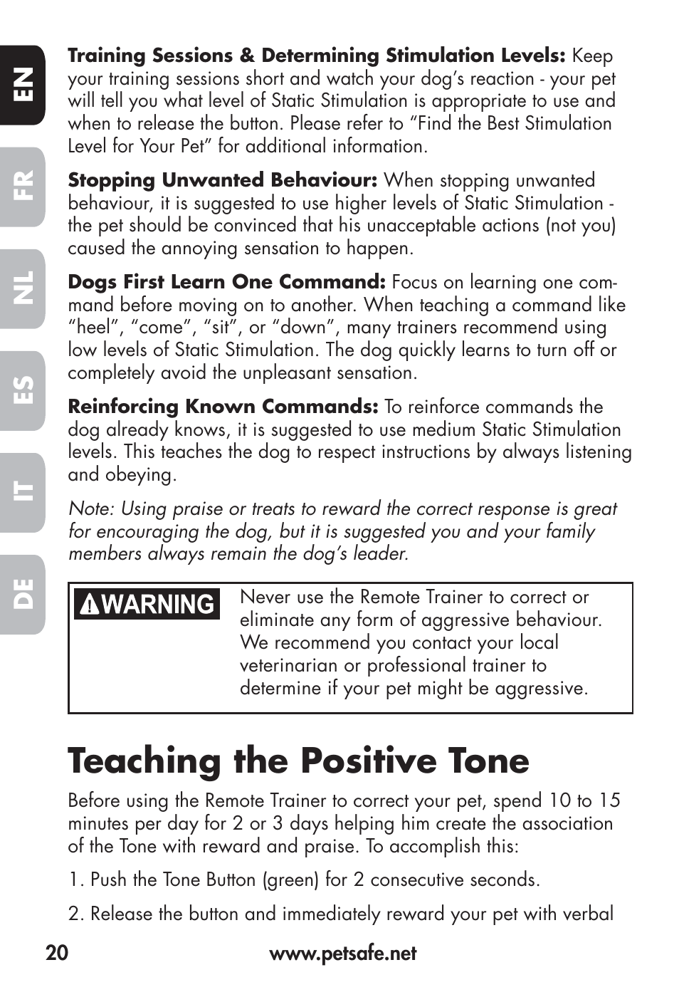 Teaching the positive tone, Fr en es nl it de | Petsafe Big Dog Remote Trainer User Manual | Page 20 / 200