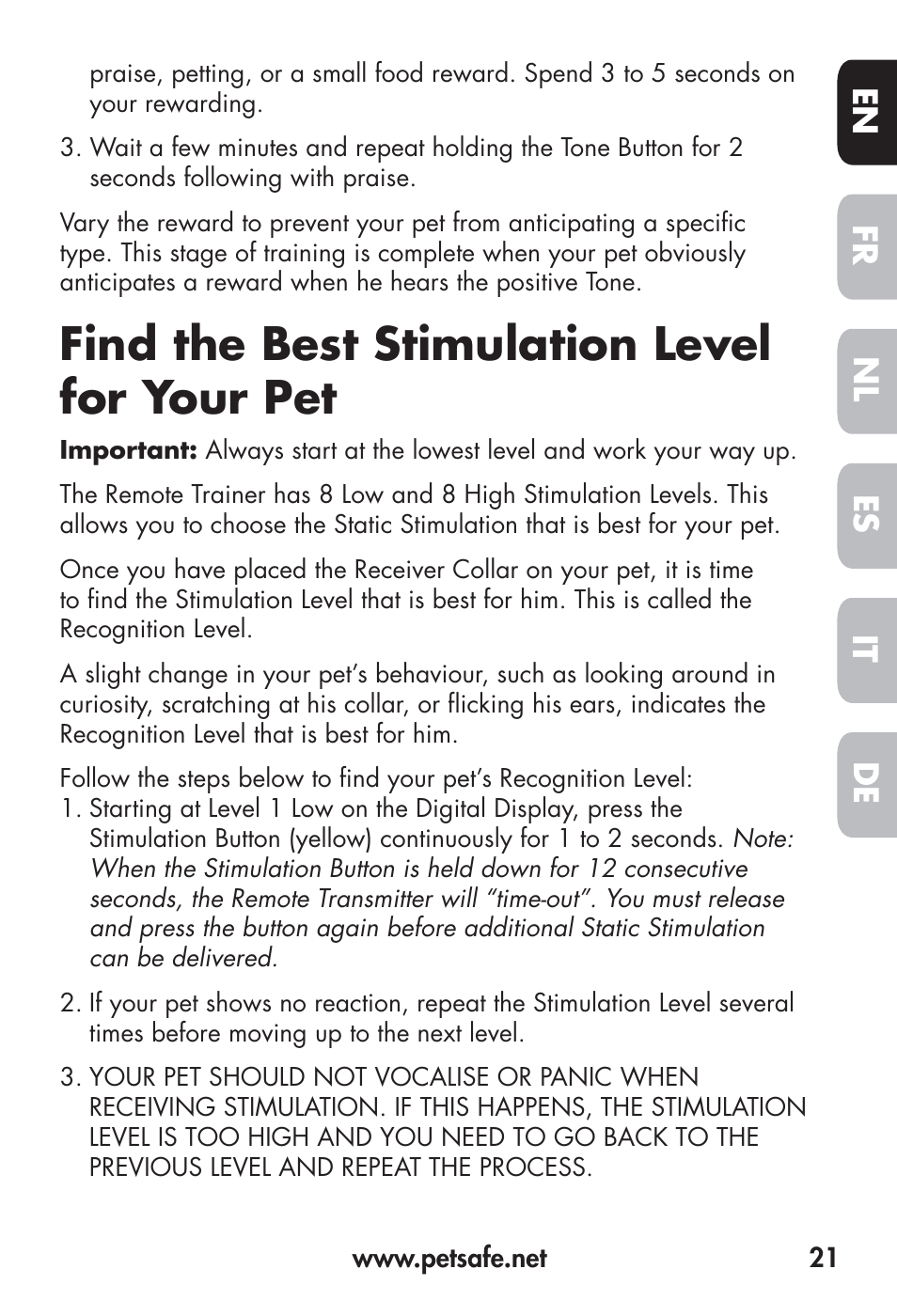 Find the best stimulation level for your pet, Fr en es nl it de | Petsafe Big Dog Remote Trainer User Manual | Page 21 / 200