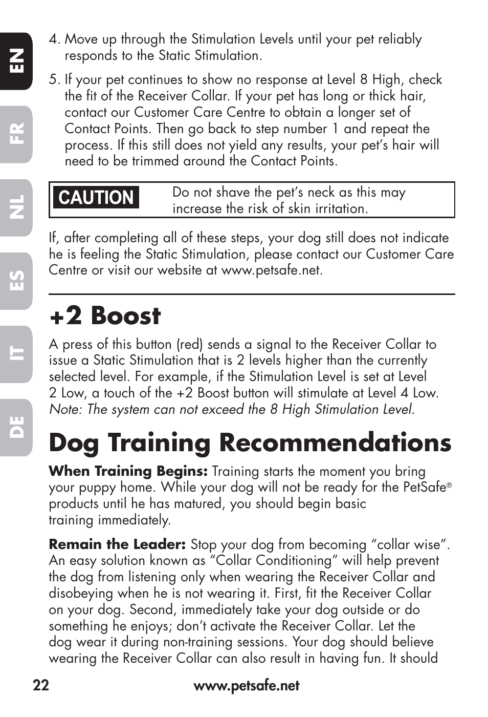 2 boost, Dog training recommendations, Fr en es nl it de | Petsafe Big Dog Remote Trainer User Manual | Page 22 / 200